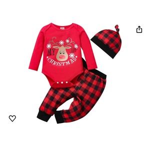 3M-18M Infant Christmas 3Pcs Deer Printed Bodysuit+Pants Hat (6-18 Mos)
